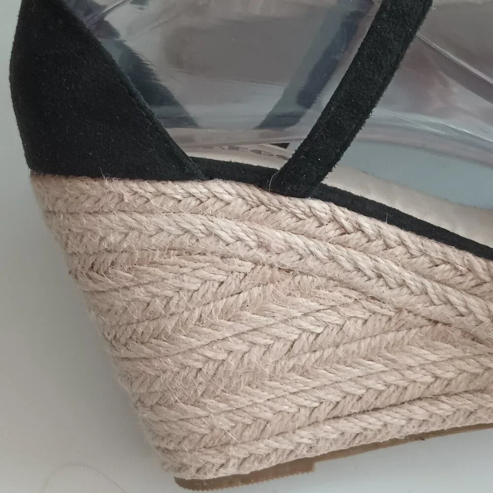 Makegsi Black Strappy Wedge Sandals 9 Open Toe Ankle Strap Faux Suede Shoe
